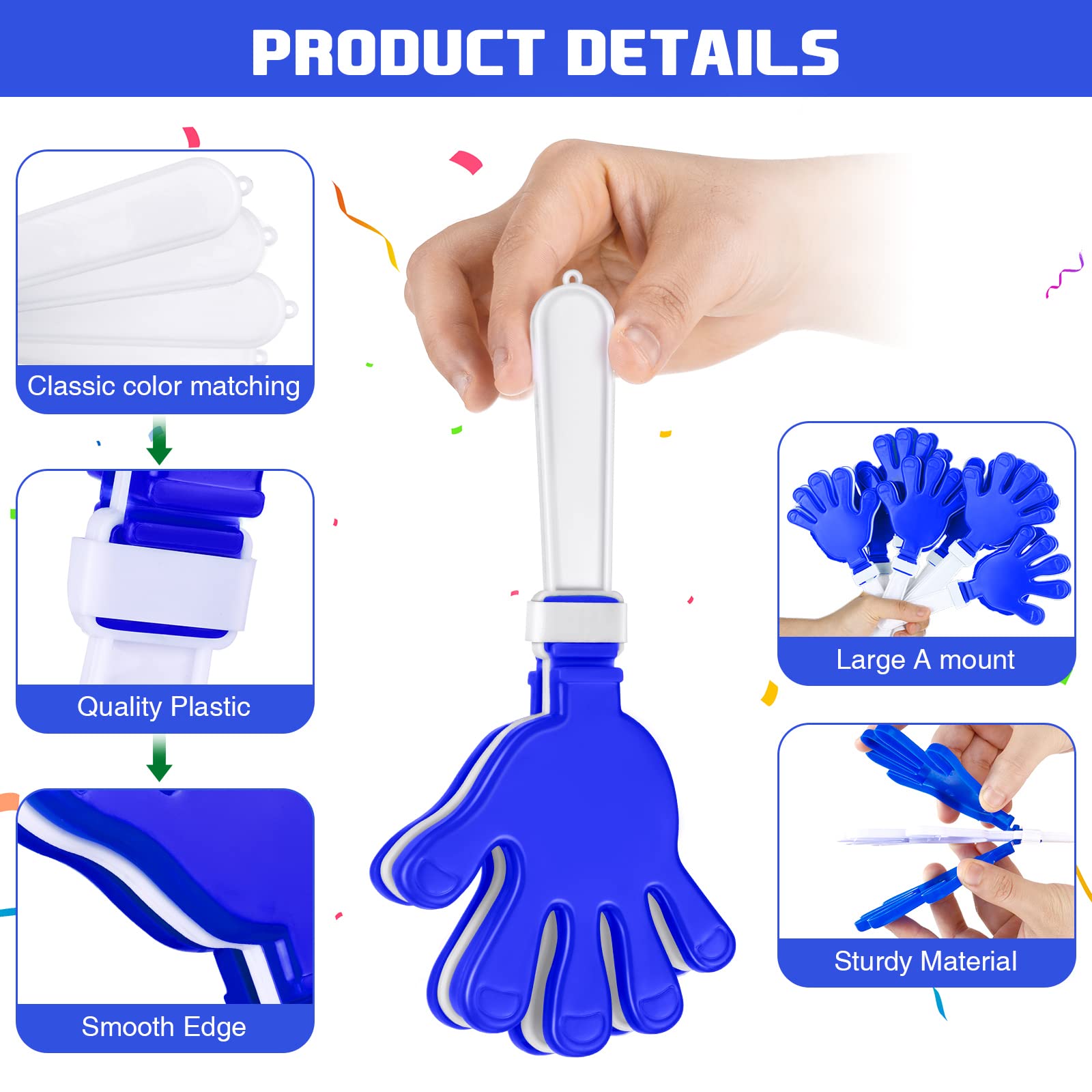 Junkin 48 Pcs Hand Clappers Bulk 7. 5 x 3. 5 Inches Noise Makers Party Favors Clapping Noise Maker Clacker for Birthdays Game Prizes Rewards Football Sporting Events Cheers Supplies (Blue,White)