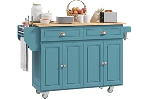 HOMCOM 58" Kitchen Island with Solid Wood Top Rolling Kitchen Cart with Drop Leaf Mobile Kitchen Cabinet with 2 Drawers & Adj