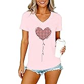 VERYNEAT Valentine Day V-Neck T-Shirt for Women Cute Leopard & Multi-Heart Tees Casual Soft Love Theme Tops