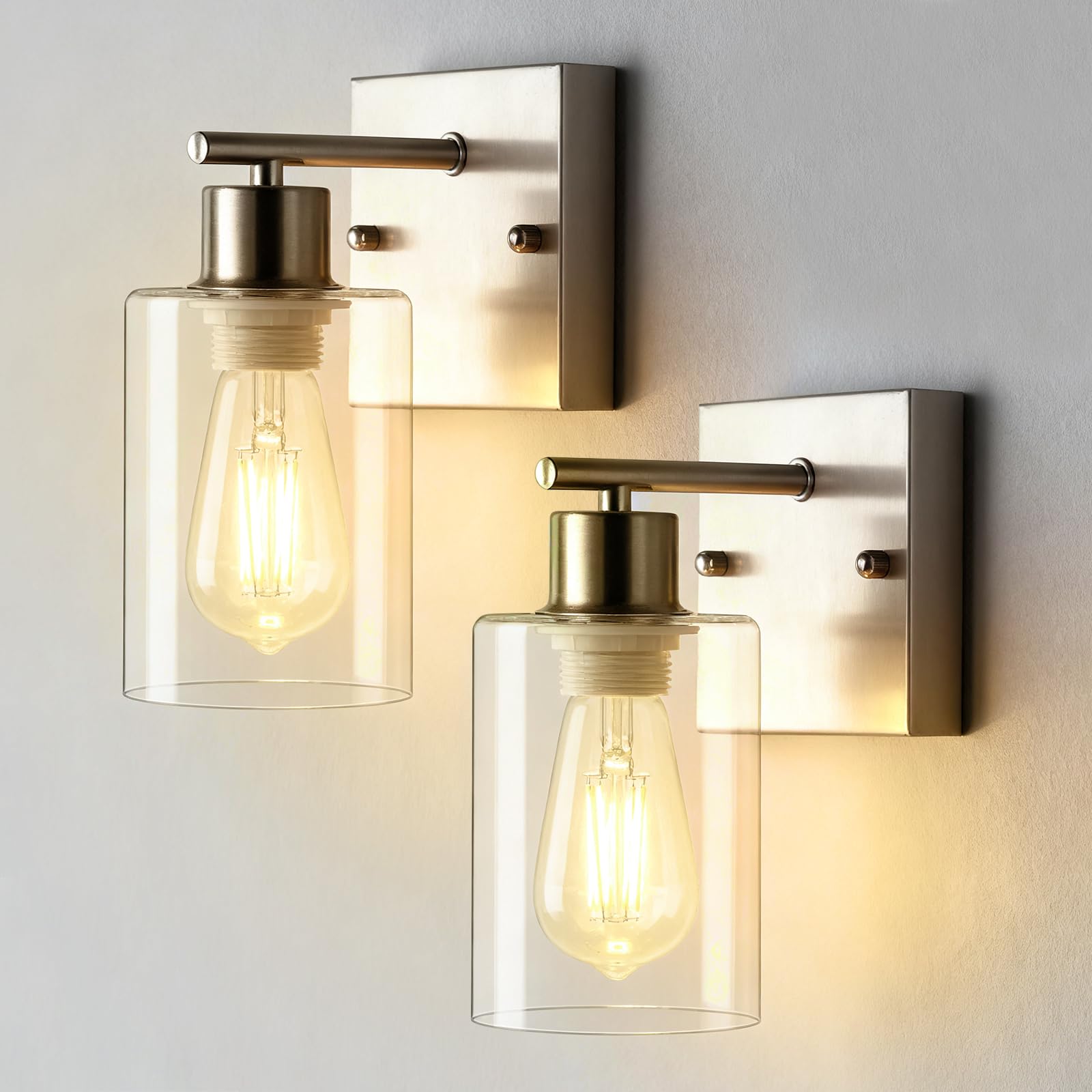 Photo 1 of 2-Pack Bathroom Wall Sconces, Brushed Nickel Vanity Lights, Modern Wall Light Fixture with Clear Glass Shade, Farmhouse Wall-Mount Lighting Lanterns, Wall Lamps for Mirror Living Room Bedroom Kitchen
