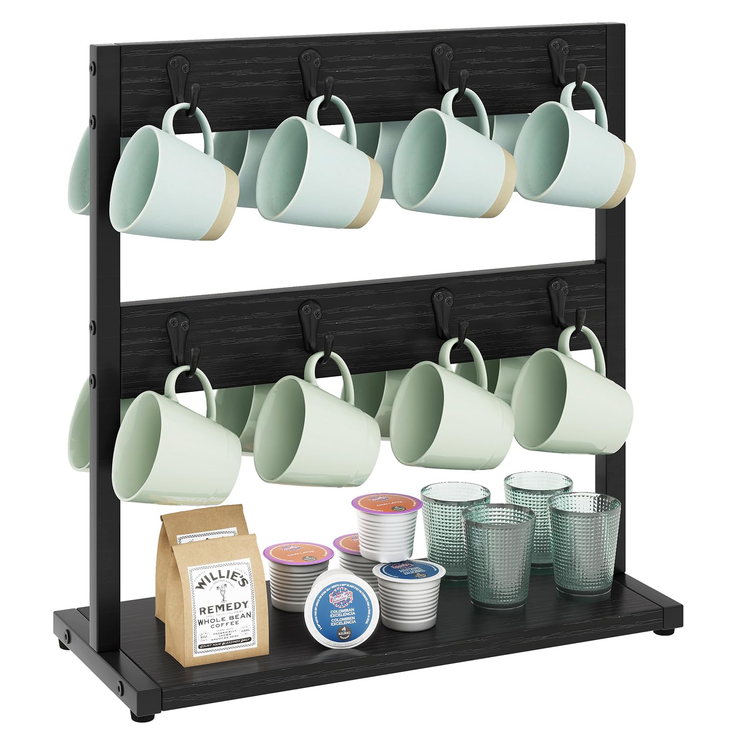 IBUYKE Wood Coffee Mug Holder for Countertop,16 Hook Mug Tree Holder Rack with Storage Base,Mug Display Organizer,Mug Holders for Home Kitchen,Black TBJ001B