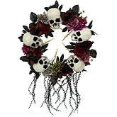 Haunted Hill Farm 24-In. Hanging Wreath with Skulls, Fall Flowers, and Vines, Front Porch Decor, Indoor or Covered Outdoor Halloween Decorations, Halloween Party Decorations for Door, Wall, or Windows