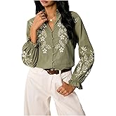 GORGLITTER Women's Floral Embroidered Ruffle Neck Blouse Long Sleeve Button Down Shirt Boho Office Work Shirts
