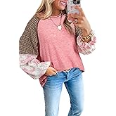 Ecosunny Women's Casual Round Neck Long Sleeve Shirts Mixed Print Patchwork Raglan Ribbed Knit Loose Tunic Blouses Tops