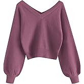 ZAFUL Women's Cropped Sweater V-Neck Long Sleeve Crop Sweater Pullover Jumper Knit Top