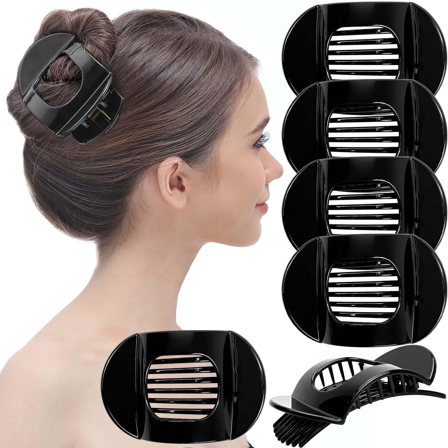 RC ROCHE 6 Pcs Flat Claw Hair Clips for Women Thick Hair French Round Duckbill Square Secure Strong Hold Grip Clamps Barrettes Curved No Slip No Crease Plastic Styling Cute, Medium Black