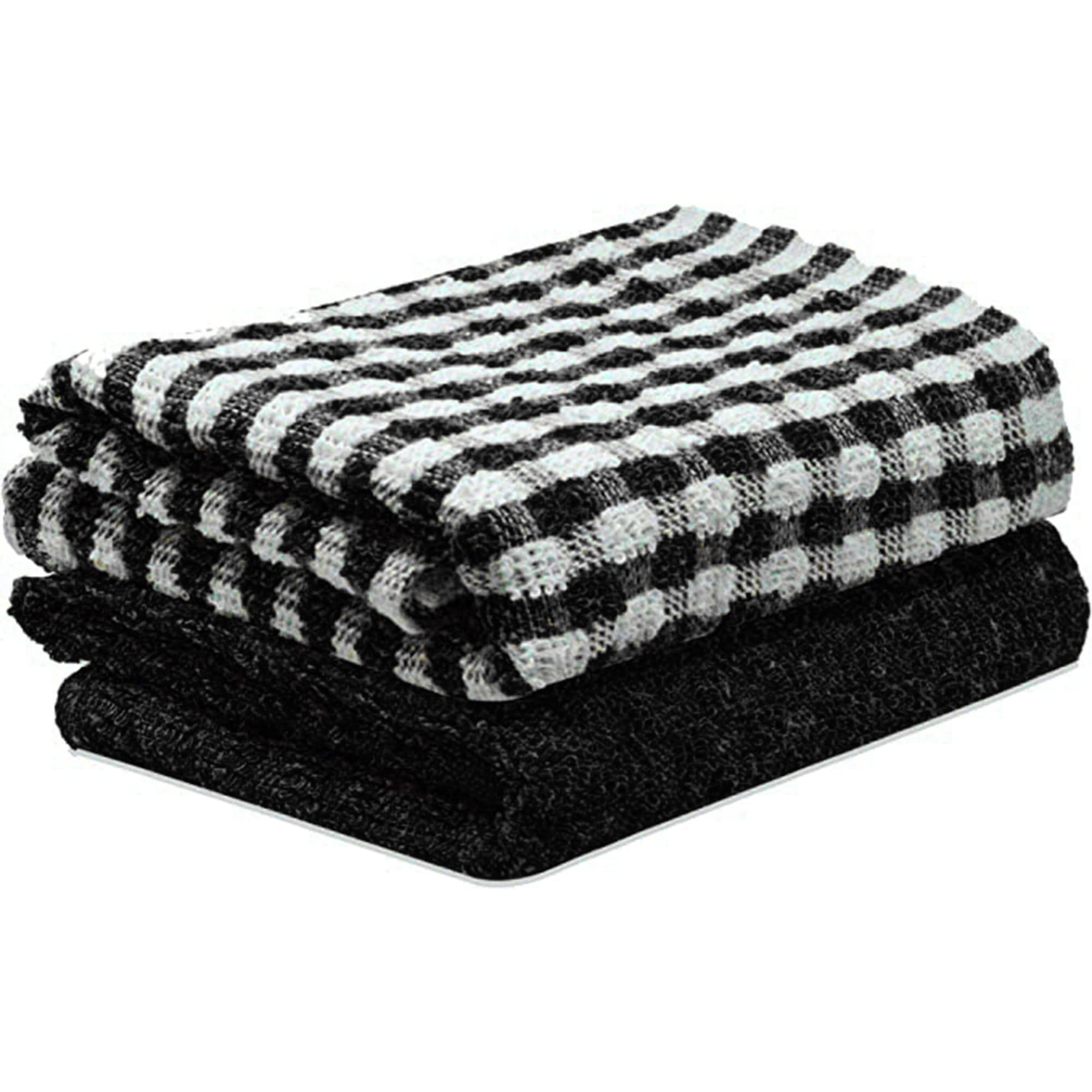 2 Pack Kitchen Towel Cotton Terry Tea Towels Black/White Monocheck Super Absorbent Dish Drying Cleaning Cloths 35x65cm (Black, 2)