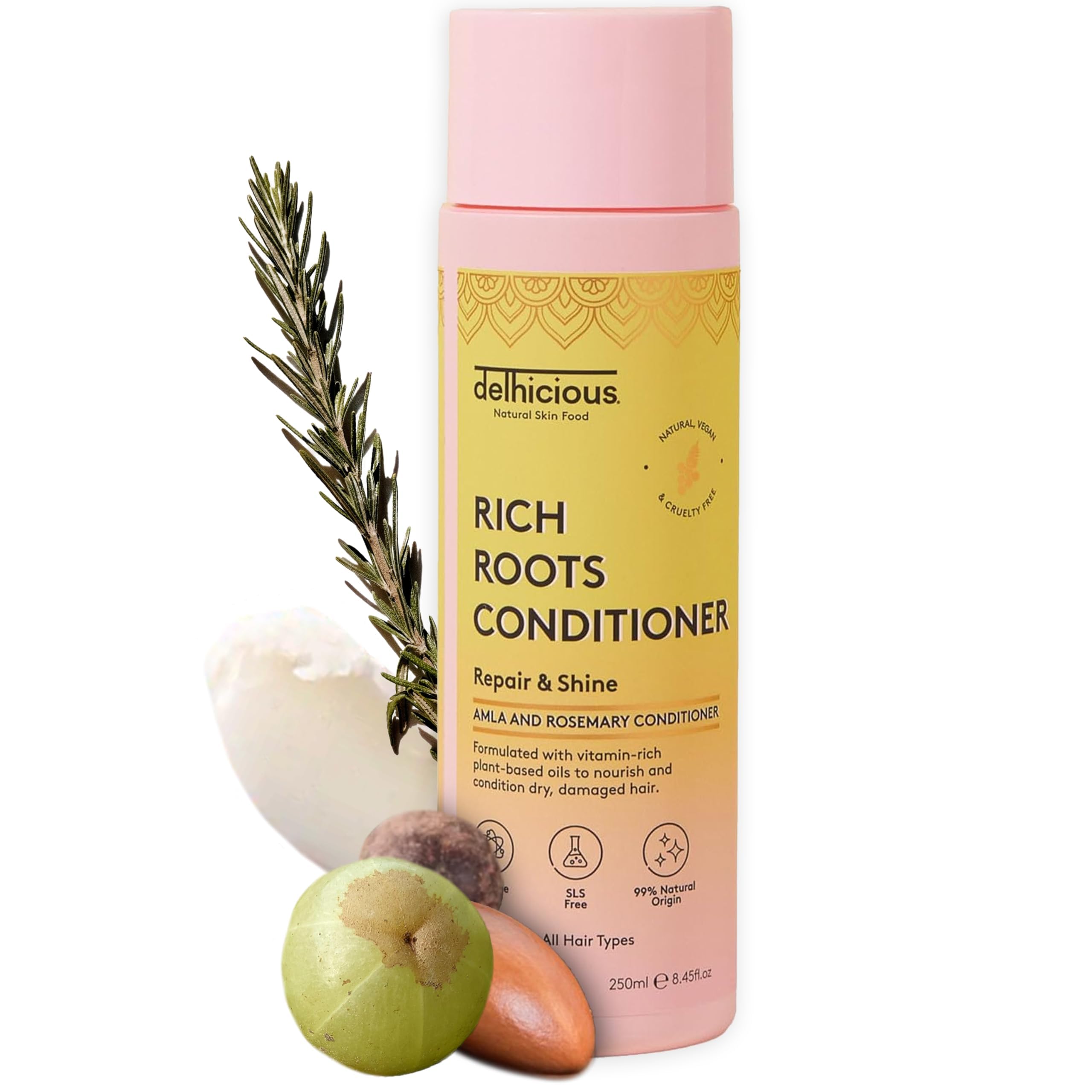 Delhicious Amla Hair Oil & Rosemary Oil Conditioner for Hair Growth - Rich Roots Vegan Conditioner for Thinning Hair, Damaged Hair, Dry Scalp - Shea Butter & Argan Oil - Ayurveda, Sulphate Free, 250ml