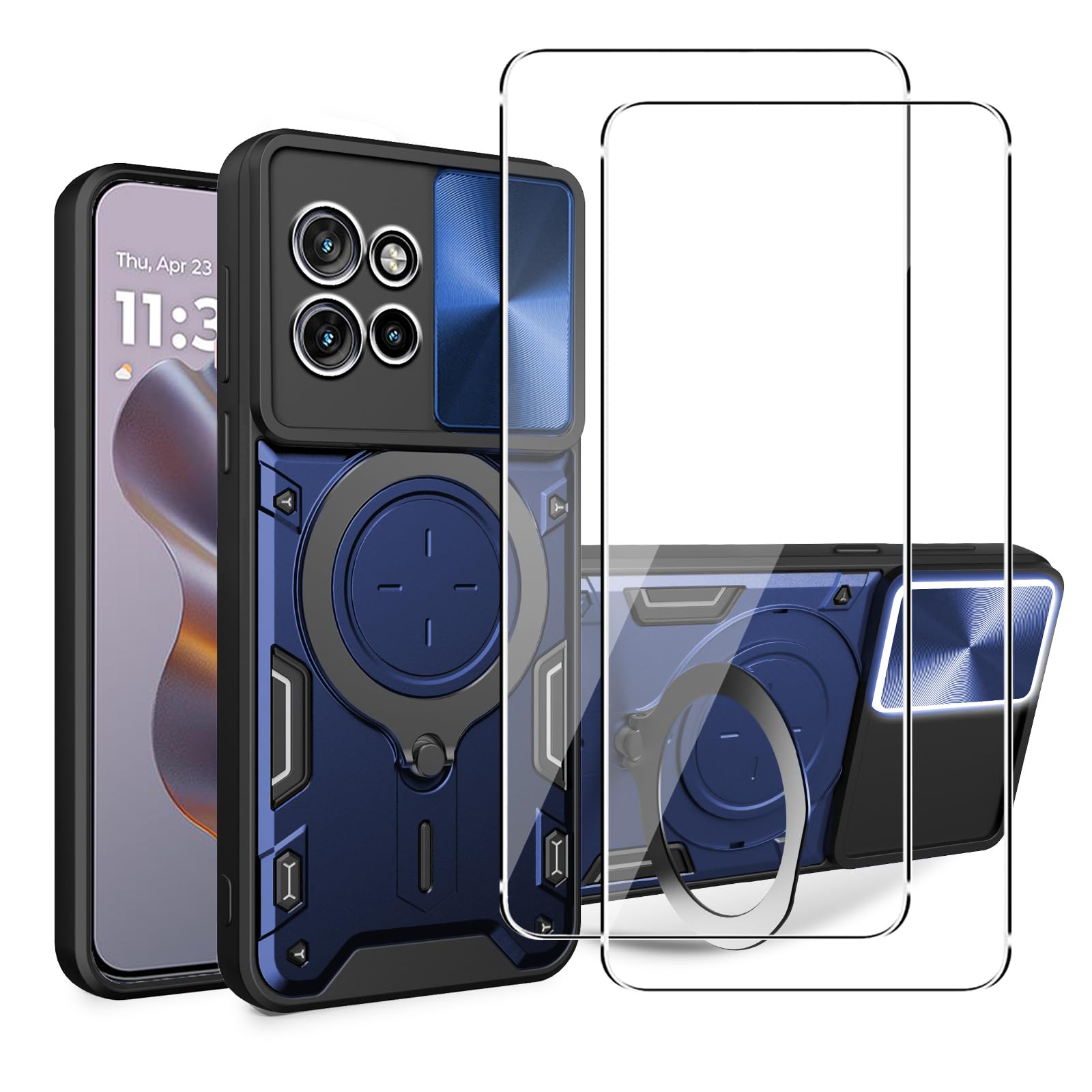KUSINHOKA Case for Motorola Edge 60 Neo/Edge 50 Neo + 2 Pack Screen With Slide Camera Protection Cover,Magnetic Metal Ring Kickstand Shockproof Military Grade Heavy Duty Tough Cover,Blue
