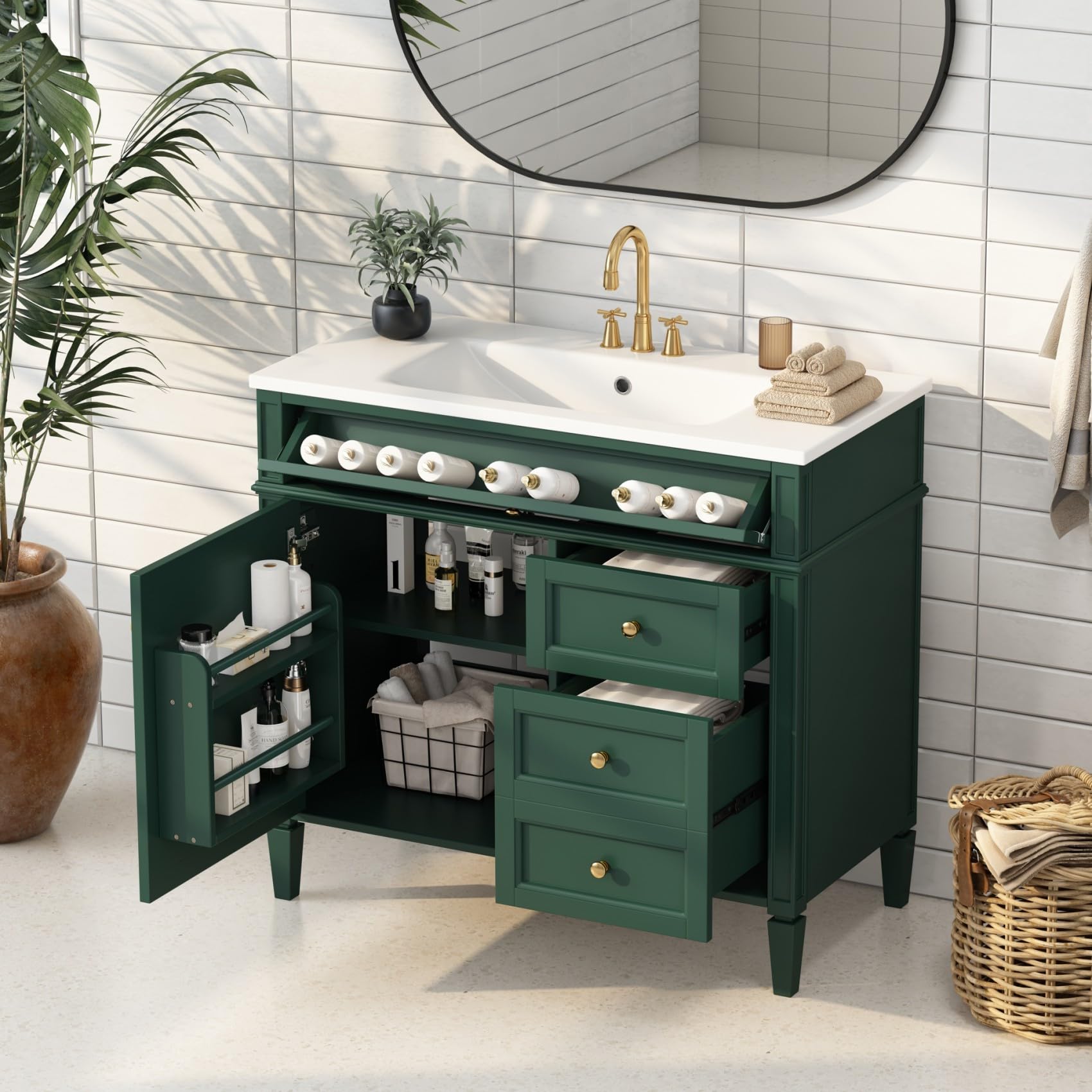 Photo 1 of 36'' Bathroom Vanity Without Resin Sink, Solid Wood Frame Modern Storage Cabinet with Tip-Out Drawer & Soft Closing Doors, Green