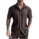 RoseSeek Men's Short Sleeve Button Down Shirts Ribbed Knit Collared Shirts Vacation Work Clothes