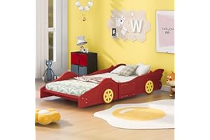 Harper & Bright Designs Twin Size Race Car-Shaped Platform Bed with Wheels, Wooden Platform Bed Frame with Support Slats, Twin Floor Bed for Kids Boys Girls Teens, Red
