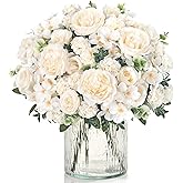 UXORSN 4 Packs Peonies Artificial Flowers Silk White Artificial Peonies Bouquet Fake Flower Arrangements Mixed Roses Hydrangea with Stems for Centerpiece Table Wedding Bridal Bouquets Home Decor