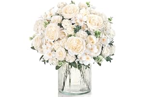 UXORSN 2 Bundles White Peonies Artificial Flowers Silk Flower Centerpieces for Tables Fake Flower Arrangements Bouquets Mixed