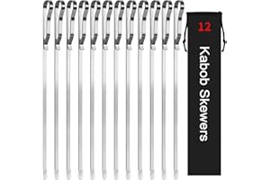 JY COOKMENT Kabob Skewers 17" Stainless Steel Long BBQ Barbecue Skewers, Flat Metal Kebob Sticks Wide Reusable Grilling Skewers for Meat Chicken,Set of 12 Including 2 Bonus Silicone Brush with Storage Bag
