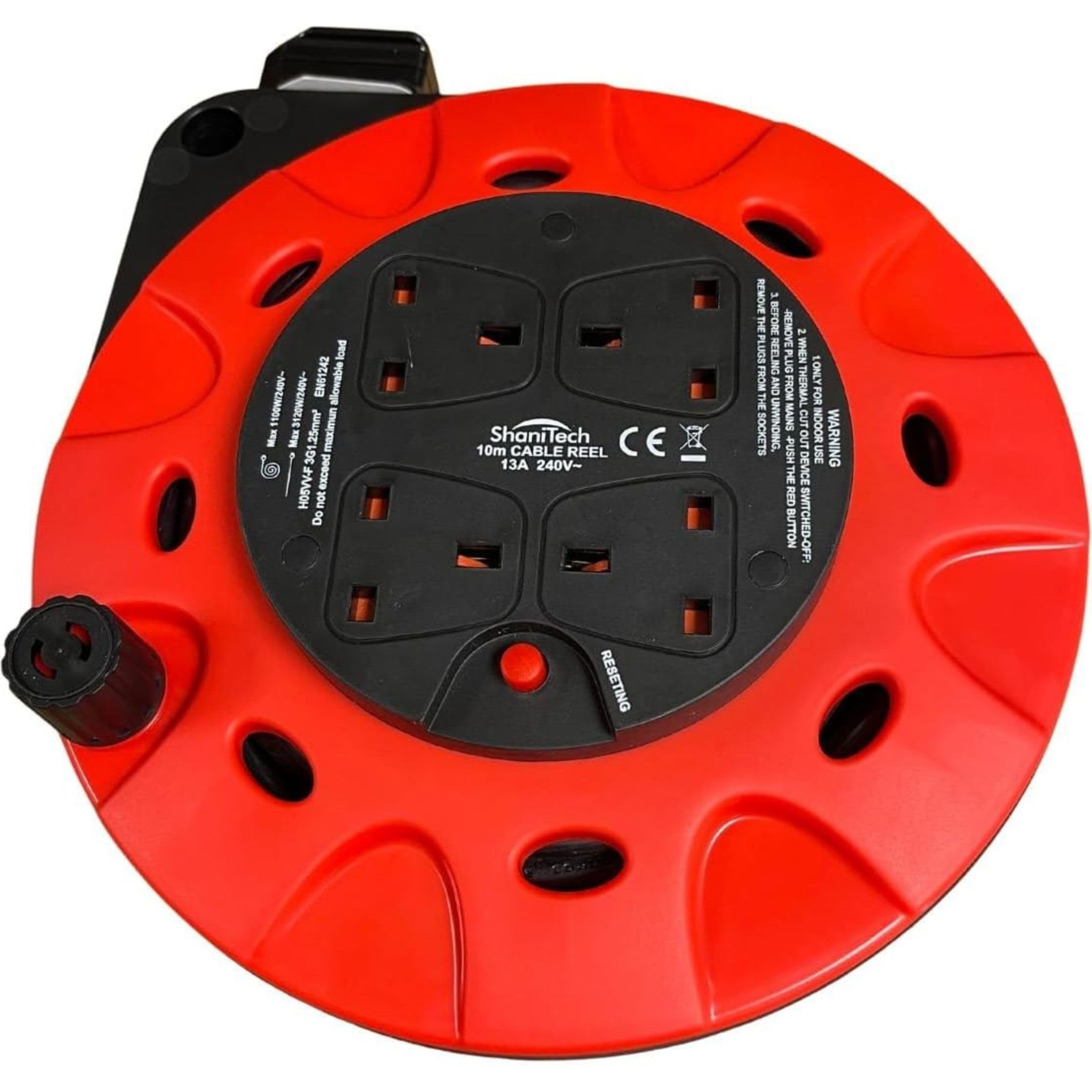 ShaniTech 10M Metre 13A Amps 4 Way Gan Mains Extension Lead Reel, Heavy Duty Thermal Cut Out for Garden, Workshop, DIY