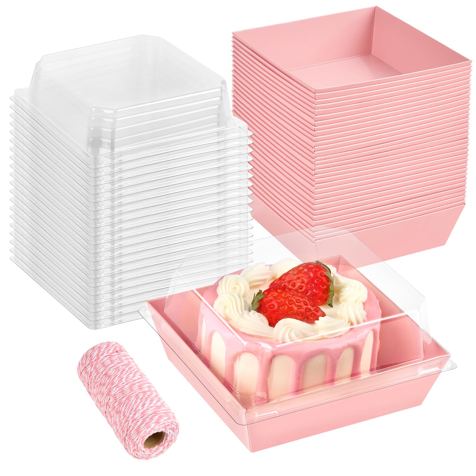 Photo 1 of ZORRITA 50 Pack Small Pink Paper Charcuterie Boxes with Clear Lids, 4 Inches Disposable Sandwich Boxes Square To Go Food Containers for Desserts, Strawberries, Cake Slice and Cookies
