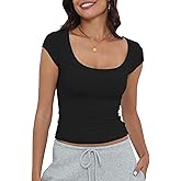 Artfish Women's Short Sleeve T-Shirts Low Scoop Neck Slim Fitted Ribbed Knit Casual Longer Crop Top