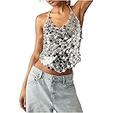 MakeMeChic Women's Sequin Tops Sparkly Glitter Halter Tank Tops V Neck Open Back Y2k Summer Party Concert Outfits