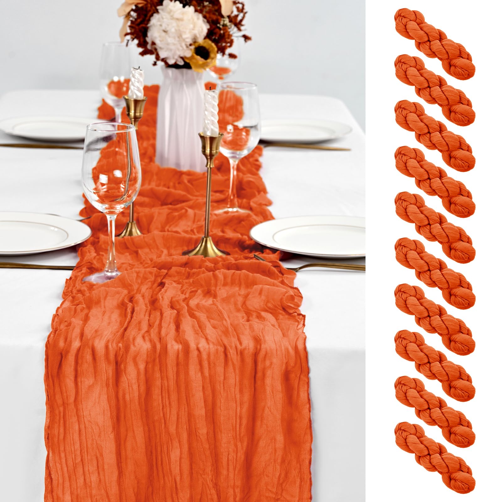 Photo 1 of 10 Pack Orange Table Runner 10Ft Cheesecloth Table Runner Boho Gauze Cheese Cloth Table Runners Romantic Long Sheer Fabric Burnt Orange Table Runners for Wedding Party Bridal Shower