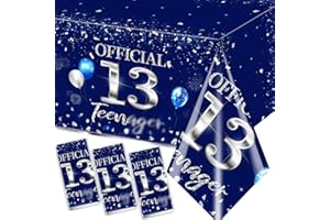 GREHUMOR 3pcs 13th Birthday Tablecloth Silver Blue Happy Birthday Decorations for Boy 13 Years Old Party Supplies Disposable Plastic Waterproof Table Cover