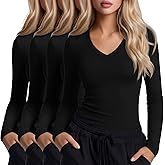 Xaatren 4 Pack Women's Under Scrubs Long Sleeve V Neck Shirts Slim Fit Stretchy Undershirt Basic Casual Tops for Nurse