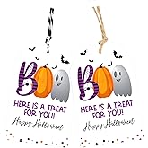 joycraft 50Pcs Halloween Tags with String, 3.3x2.1 inch Pumpkin Happy Halloween Paper Gift Wrap Tags, Purple Boo Holiday Hangtags for Candy Bag, Party Favor, DIY Craft