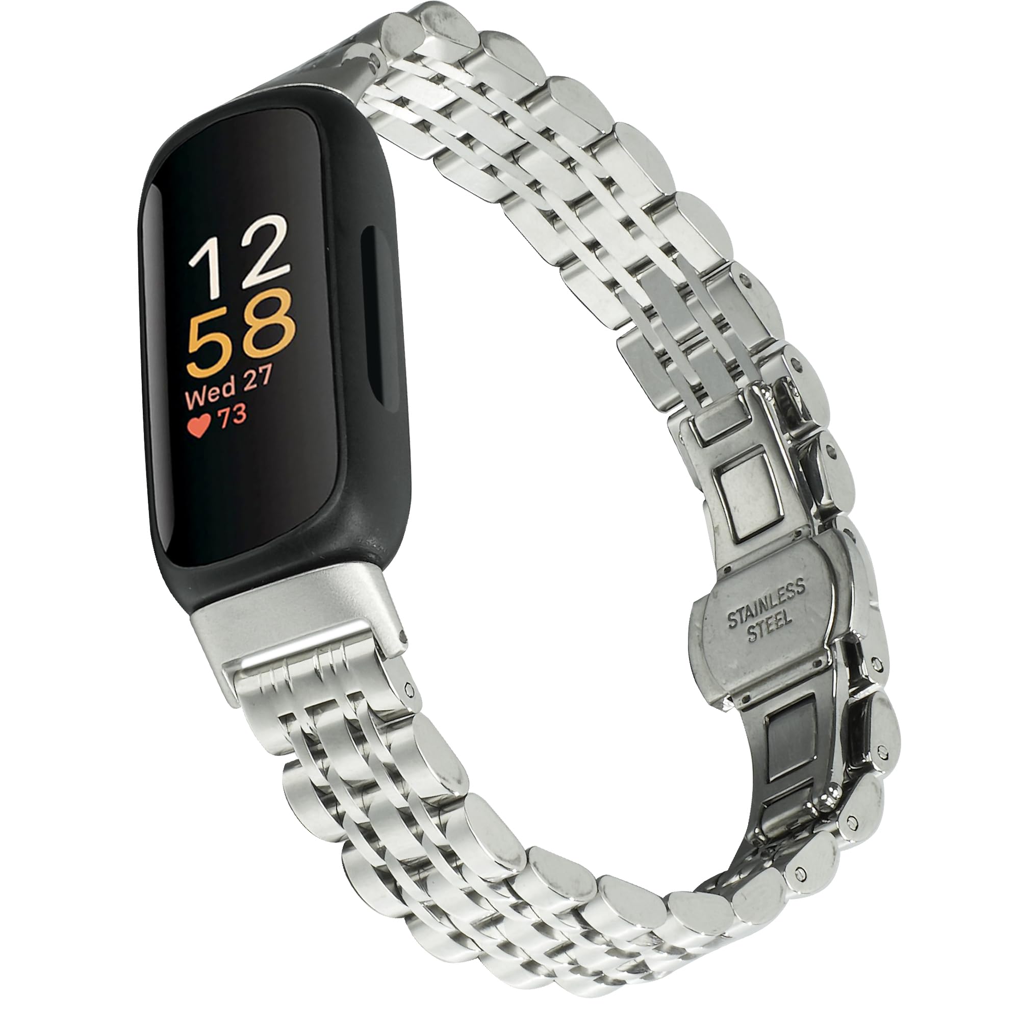 Wongeto Stainless Steel Watchband Strap for Fitbit Inspire 3 Women (Silver)