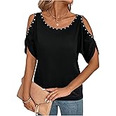 Verdusa Women's Cold Shoulder Beaded Blouse Top Elegant Summer Scoop Neck Dressy T Shirts Tops