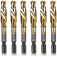 6-pc 1/4-20NC Combination Drill Tap Bit Set SAE, 1/4" UNC-20 Thread Size, Titanium Coated High-Speed Steel, Ideal for Drilling and Threading in Soft Metal Wood and Plastic, 1/4” Hex Shank