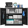 SUXXAN Metal Storage Cabinet with Pegboard 31.5”H×31.5”W×16.5”D, Lockable Rolling Steel Storage Cabinet with 2 Adjustable Shelves and Door for Garage, Office, Kitchen, Assembly Required(Black)
