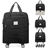 Rolling Duffle Bag with Wheels Foldie Travel Bag Expandable Foldable Rolling Tote Bags Overnight with Detachable Wheels Carry On Luggage for Men Women Black