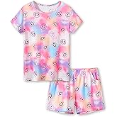 Beezizac Neon Tie Dye Spiral Pattern/Butterfly Pajamas for Girls Tee & Shorts PJ Set Size 6-18