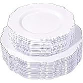 WDF 100pcs Silver Plastic Plates - High-end Baroque Design - Heavy Duty White &Silver Plates for Christmas Upscale Parties &Wedding