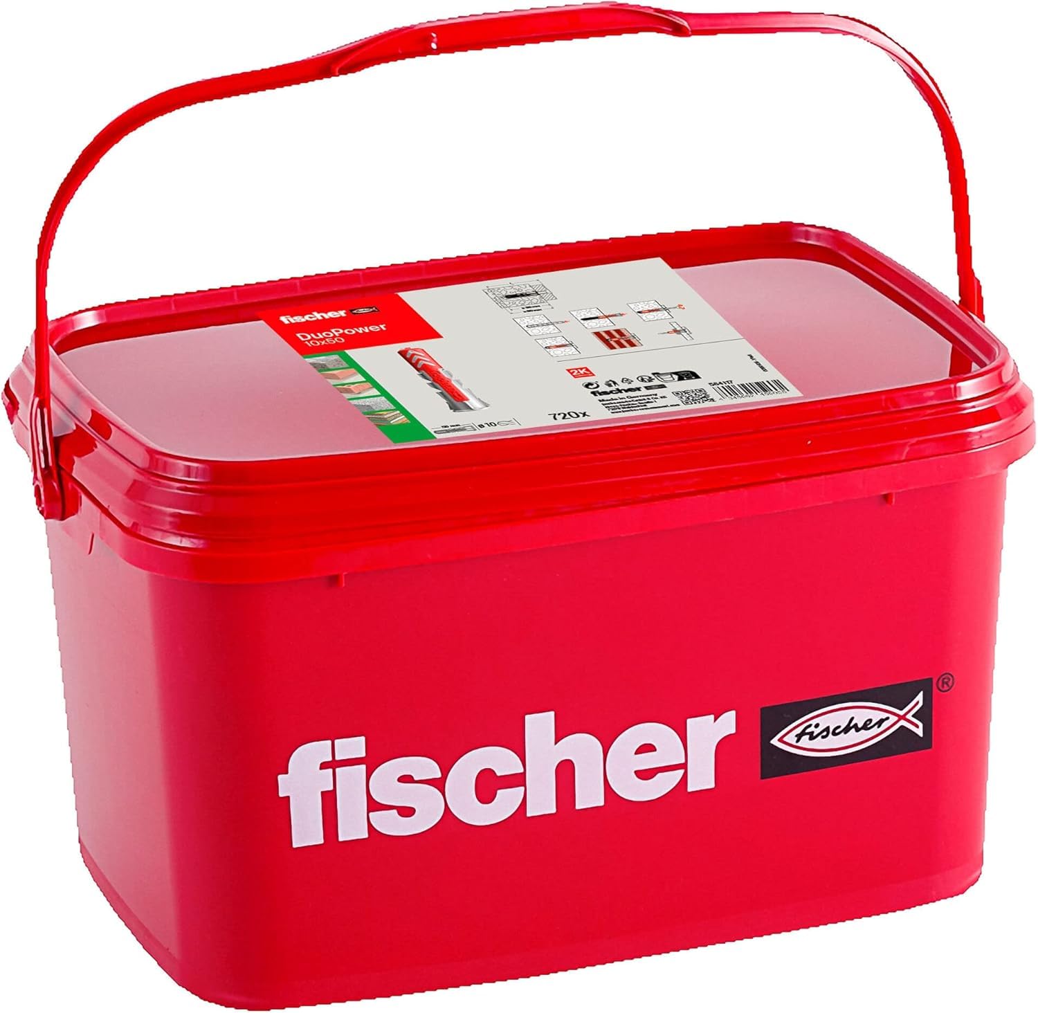 fischer Duopower 10 x 50, Universal Dowels, Powerful 2-Component Dowels, Plastic Dowels for Attaching to Concrete, Plasterboard and Much More, No Screws, in Reusable Bucket, 720 Pieces — image 1