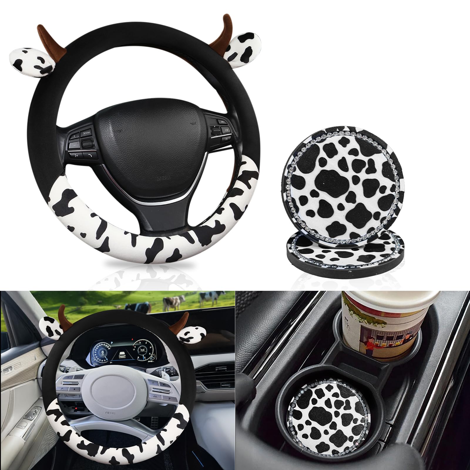Photo 1 of SuperKaKa Furry Cow Print Steering Wheel Cover with 2 PCS Car Bling Cup Coasters – Universal Stylish Comfortable Car Interior Accessories for Women Men (Black)