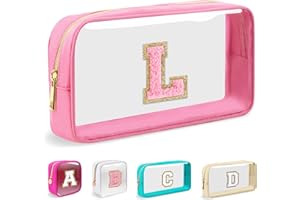 IQIMOTT Small Clear Personalized Initial Makeup Bag,Nylon Preppy A-Z Chenille Letter Patch Cosmetic Pouch Beach Toiletry Bag,Waterproof Zipper Travel Purse Storage Bag Organizer for Women Girls(Pink-Pink L)