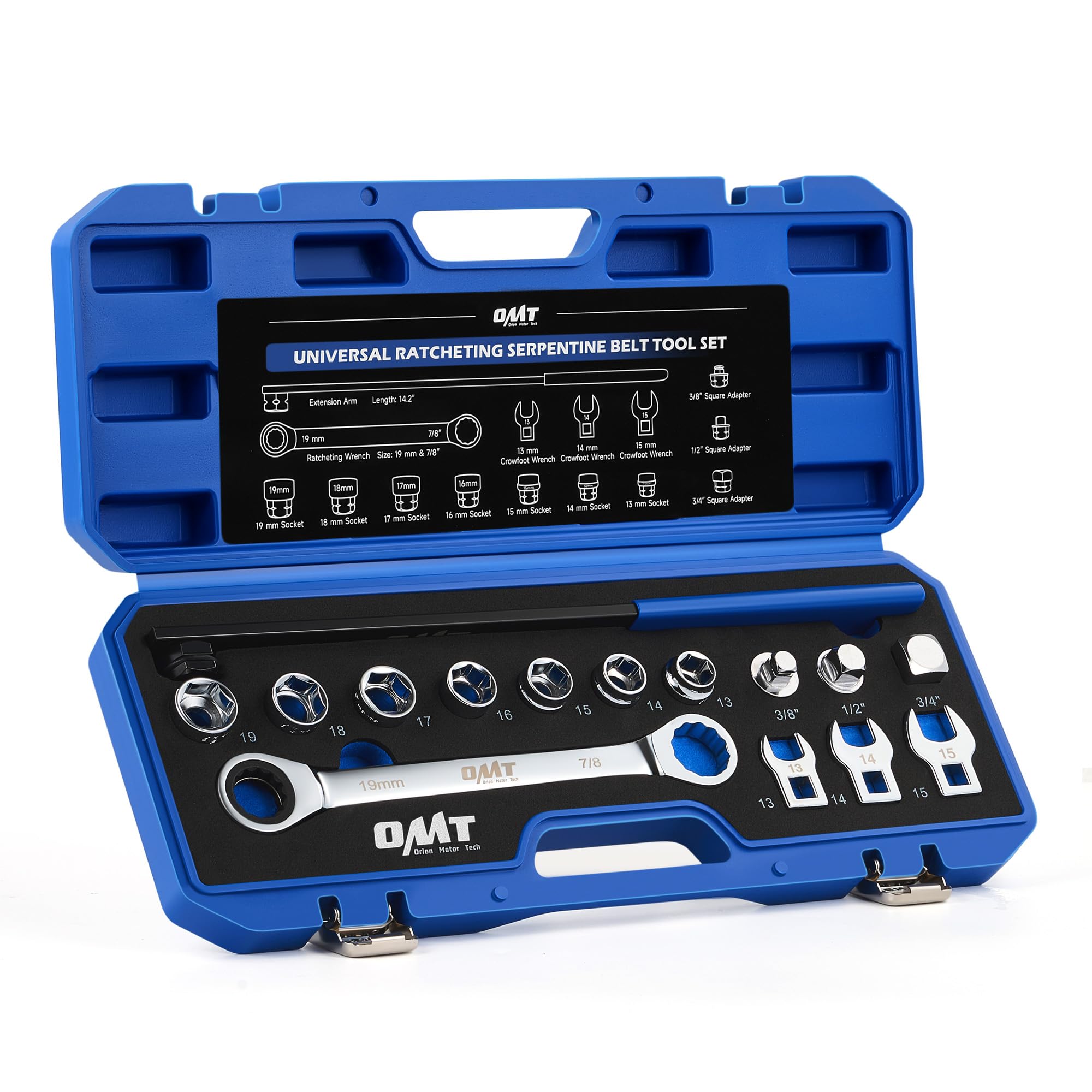 Photo 1 of Orion Motor Tech Serpentine Belt Tool Kit, 15-Piece Ratcheting Serpentine Belt Removal and Installation Tool Set with Ratcheting Wrench Sockets Adapters Crowfoot Wrenches Extension