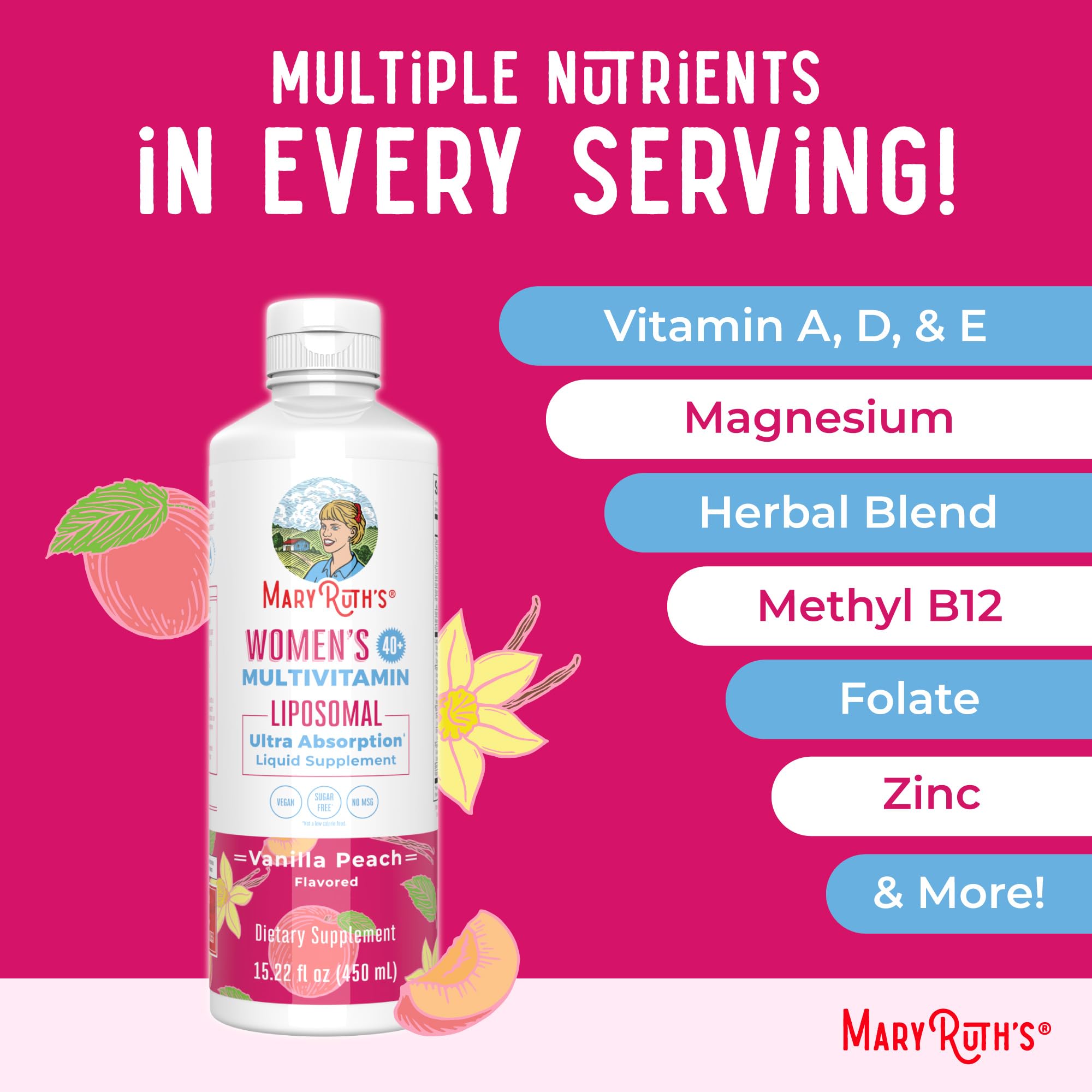 MaryRuth Organics Multivitamin for Women 40+, Womens Multivitamin Liposomal, Immune Support Supplement, Energy Supplements & Sleep Aid, Vegan, Sugar Free, Non-GMO, 15.22 Fl Oz