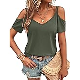 Eachyes Womens Summer Cold Shoulder Tops Low Back Short Sleeve V Neck T Shirts Sexy Casual