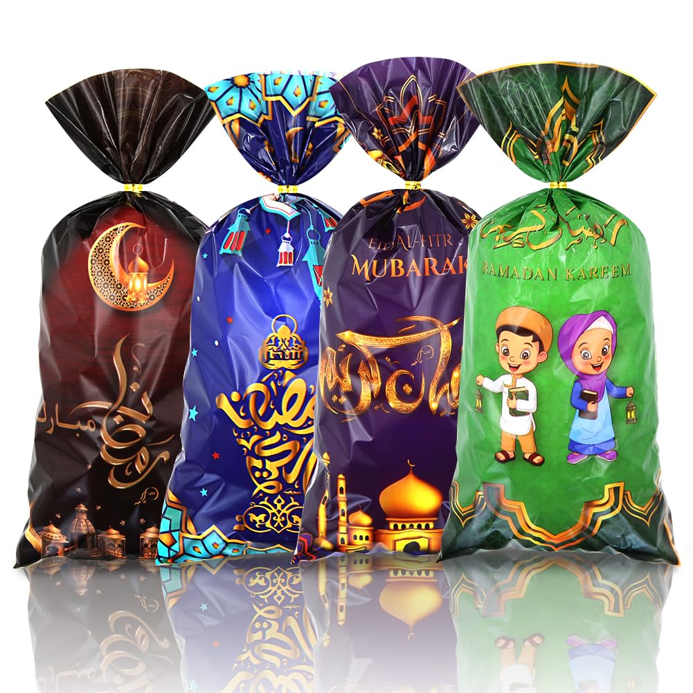 Geluode 100 Pieces Eid Mubarak Goodie Bags, Muslim Castle Moon Star Pattern Ramadan Treat Bags Cellophane Bags Goody Favor Bags with Gold Twist Ties for Eid Mubarak Ramadan Party Decorations