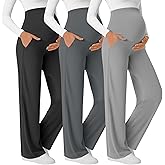 Velvelhall 3 Pack Women's Maternity Yoga Pants Over The Belly Pregnancy Pants Wide Leg Lounge Trousers with Pockets