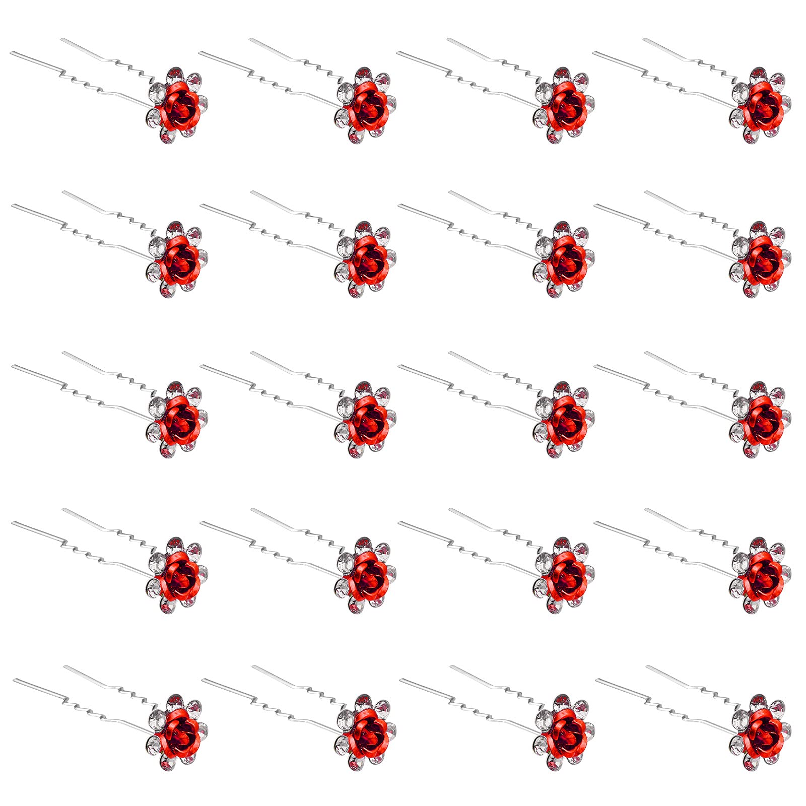 ZOUIQSS 20 Pack (Red) Crystal Hair Pins Rose Flower Rhinestone Hair Clips for Bridal Wedding Women Hair Jewelry Accessories,with Clear Container