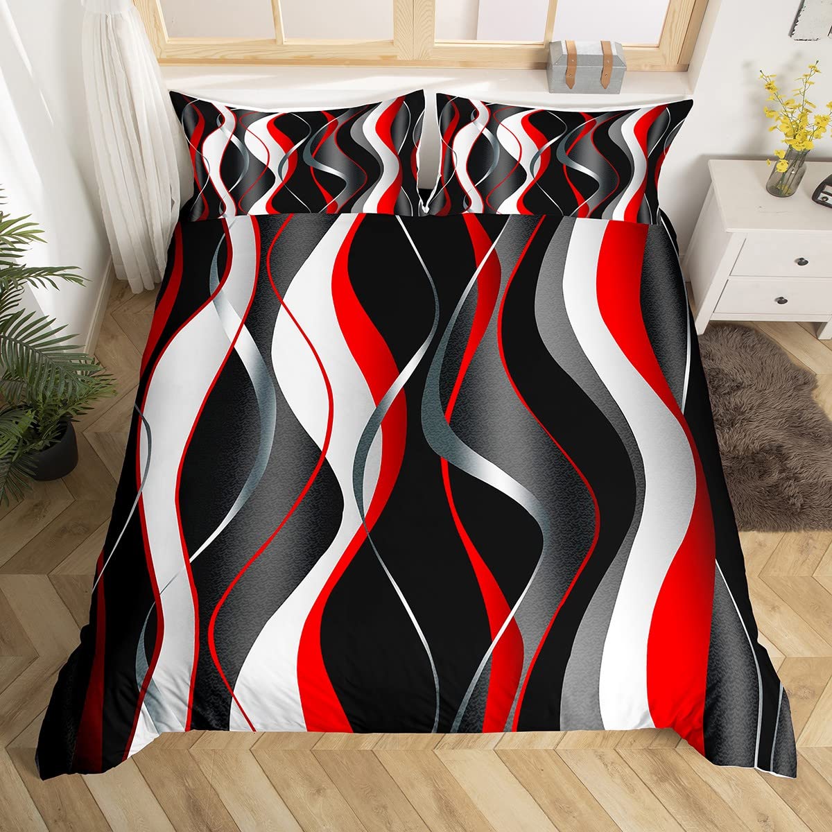 Homemissing Red Grey Black Duvet Cover Set Geometric Spiral Pattern Bedding Set for Kids Boys Girl Modern Abstract Inner Fill Bedspread Cover Grey White with 2 Pillowcases King Size — image 1