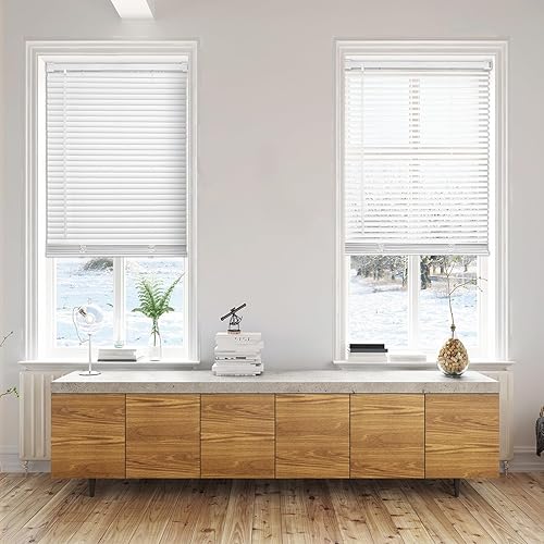 Changshad Cordless Vinyl Mini Blinds for Indoor Windows Light Filtering, Venetian Horizontal Window Blinds 1" Slat with Tilt Wand for Home Office, Inside Outside Mount Easy to Install, 20"Wx64"H,White