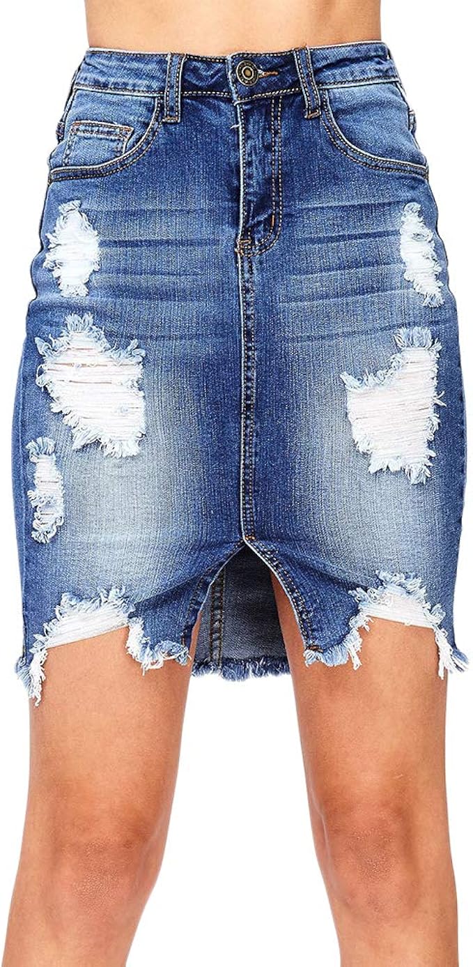 Womens High Waisted Ripped Short Denim Jeans Skirt Amazon.co.uk Clothing