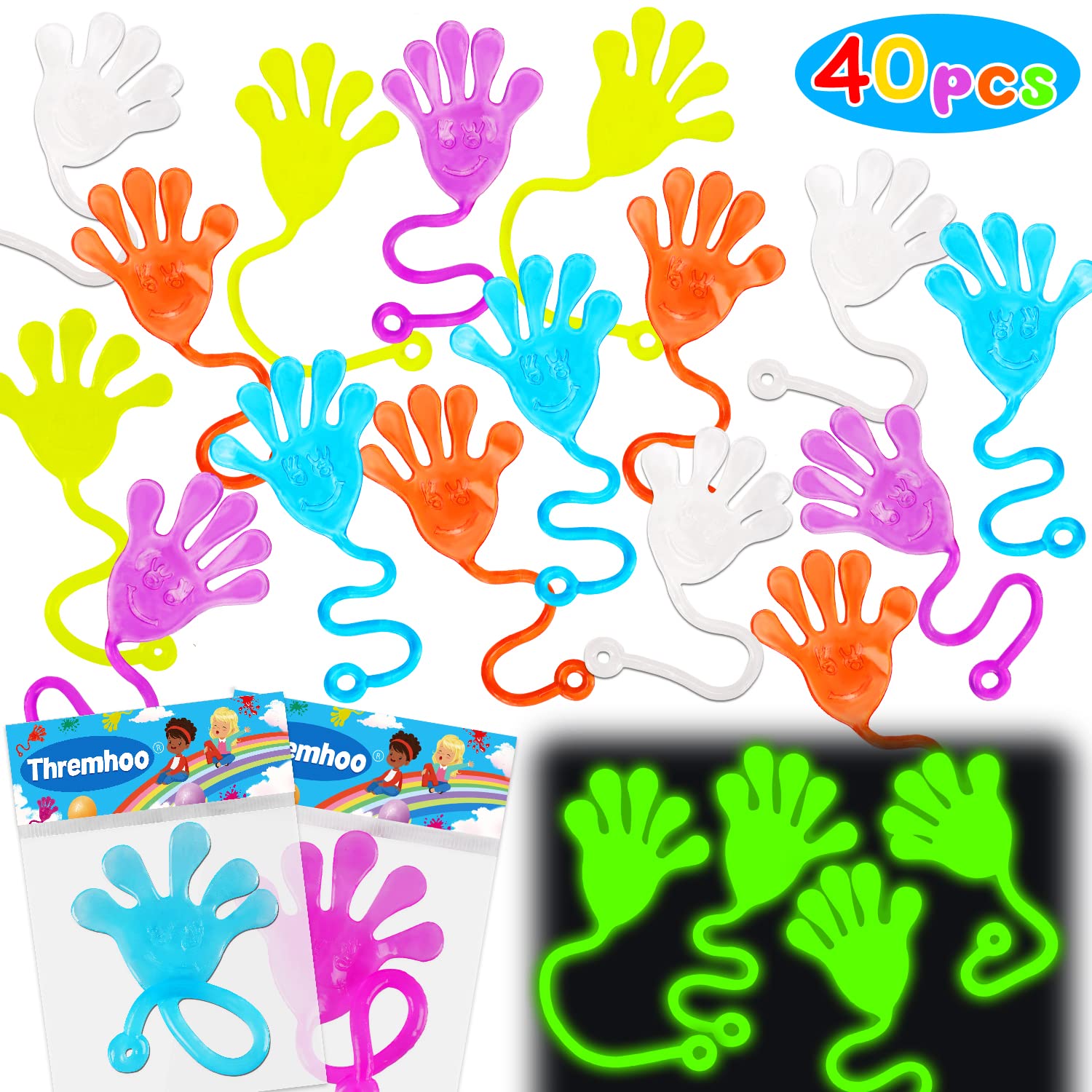 Thremhoo 40Pcs Glow in the Dark Sticky Hands Kids Party Favor Supplies Goodie Bag Stuffer Pinata Return Gift Stretchy Class Prize Carnival Sensory Goody Party Pinata Filler Treasure Box Bulk Toy