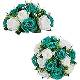 BLOSMON Teal Flowers Ball Decorations: 2 Pcs Fake Roses Flower Centerpiece for Wedding Table - Artificial Silk Kissing Bouquet Floral Arrangement for Home Party Event Decor