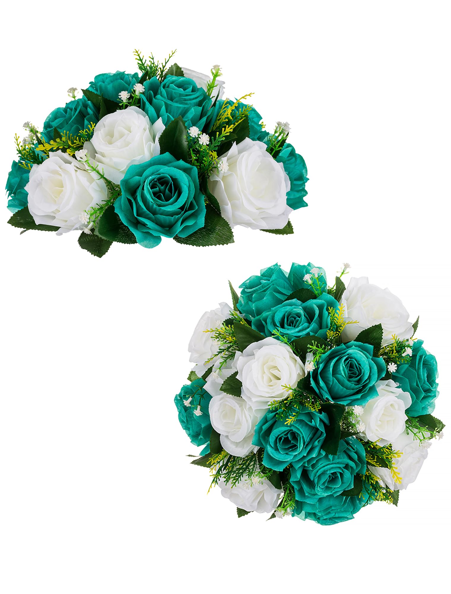BLOSMON Flower Centerpieces for Tables Wedding 2 Pcs Teal & White Fake Flowers Rose Arrangement Bouquet Floral Centerpiece Balls Artificial Wedding Center Pieces of Valentines Day Home Decor — image 1
