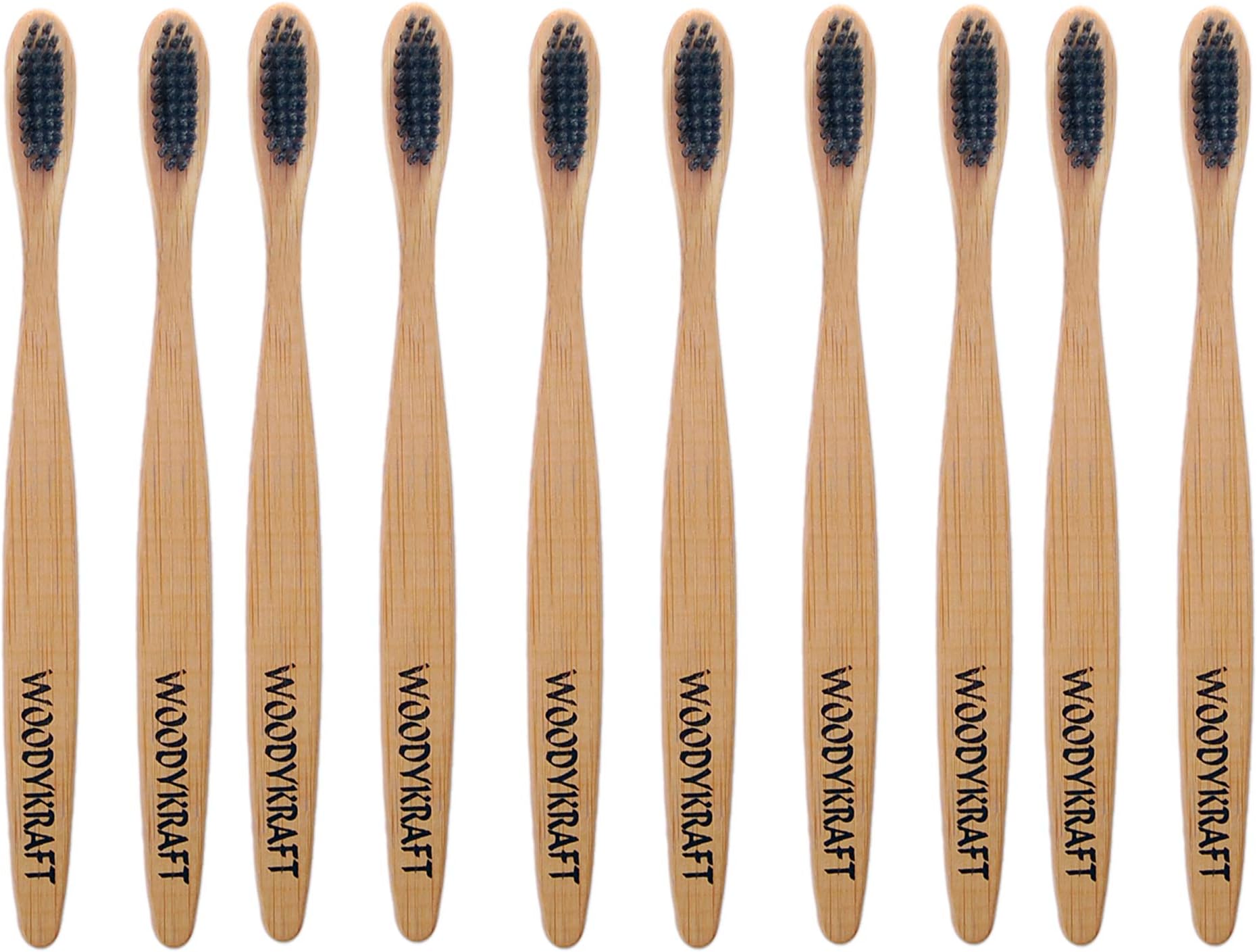 WOODYKRAFT Biodegradable, Eco friendly Adult Bamboo Toothbrush with charcoal bristles Pack of 10